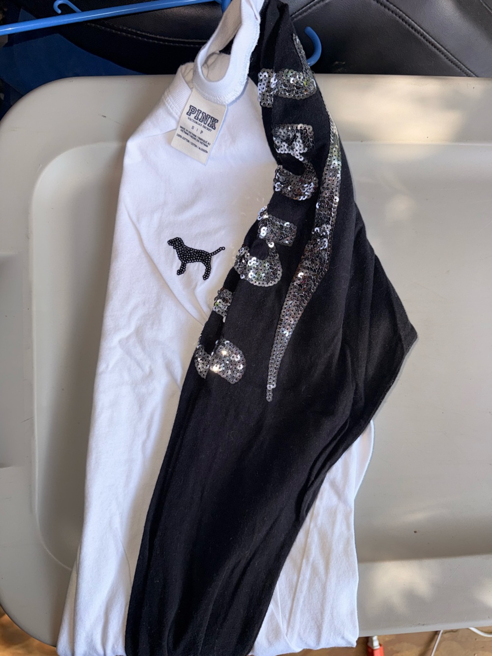 PINK Victoria's Secret Black & White Long Sleeve Sequin Logo Tee